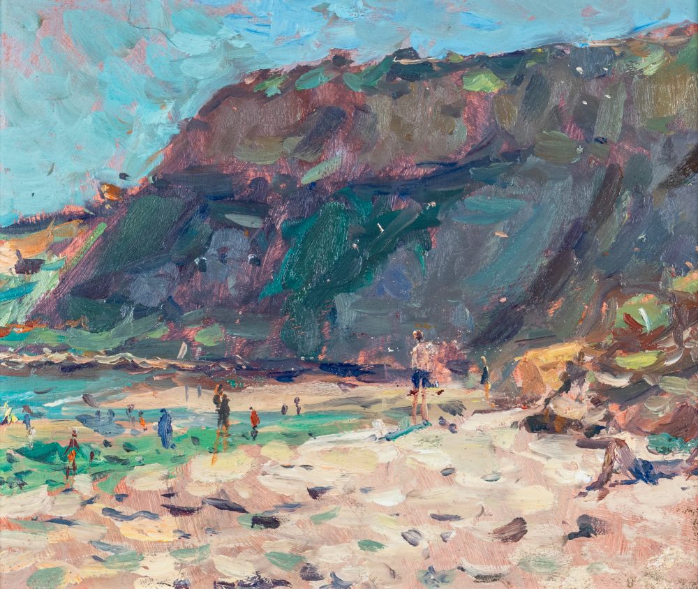 Beach Day at Cayton by Andrew Farmer ROI, oil on panel