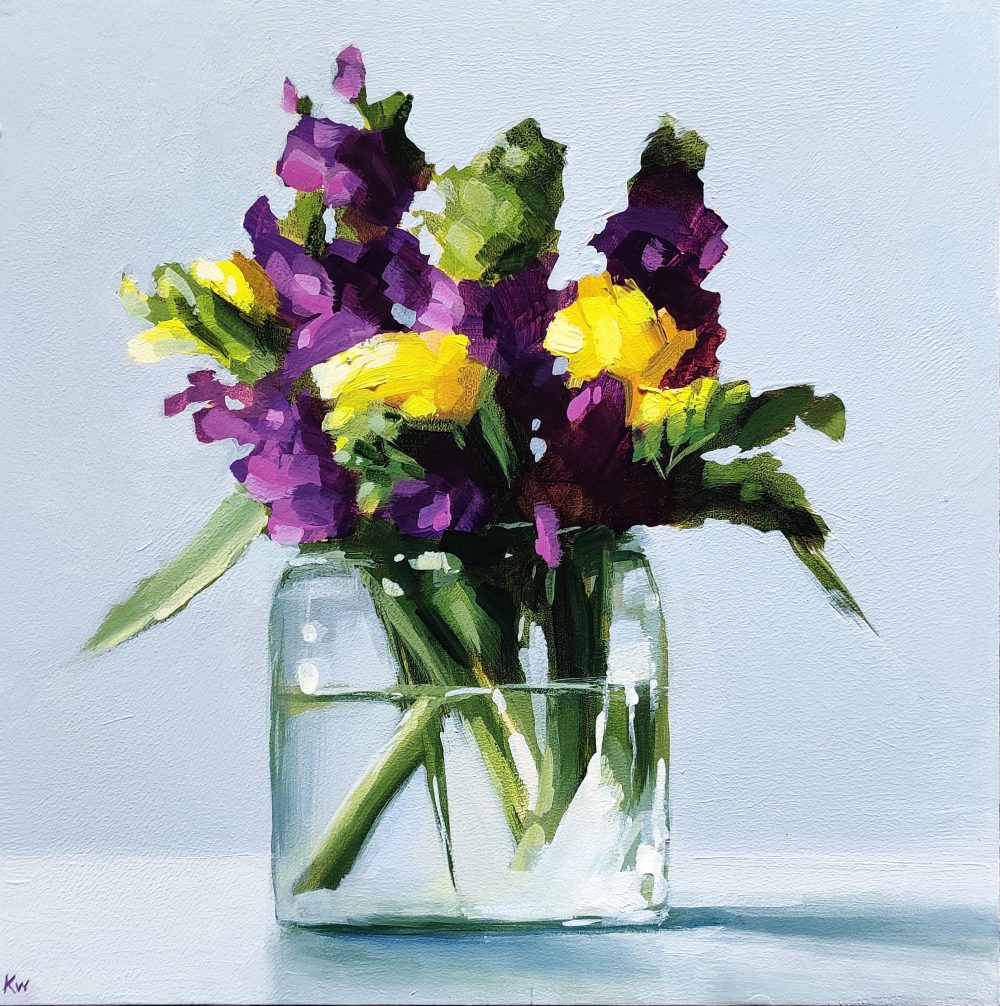 Mixed Stocks and Freesias, original painting by Kirsty Whyatt