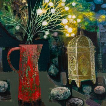 Night Still Life with Stones, acrylic and collage by Tom Wood