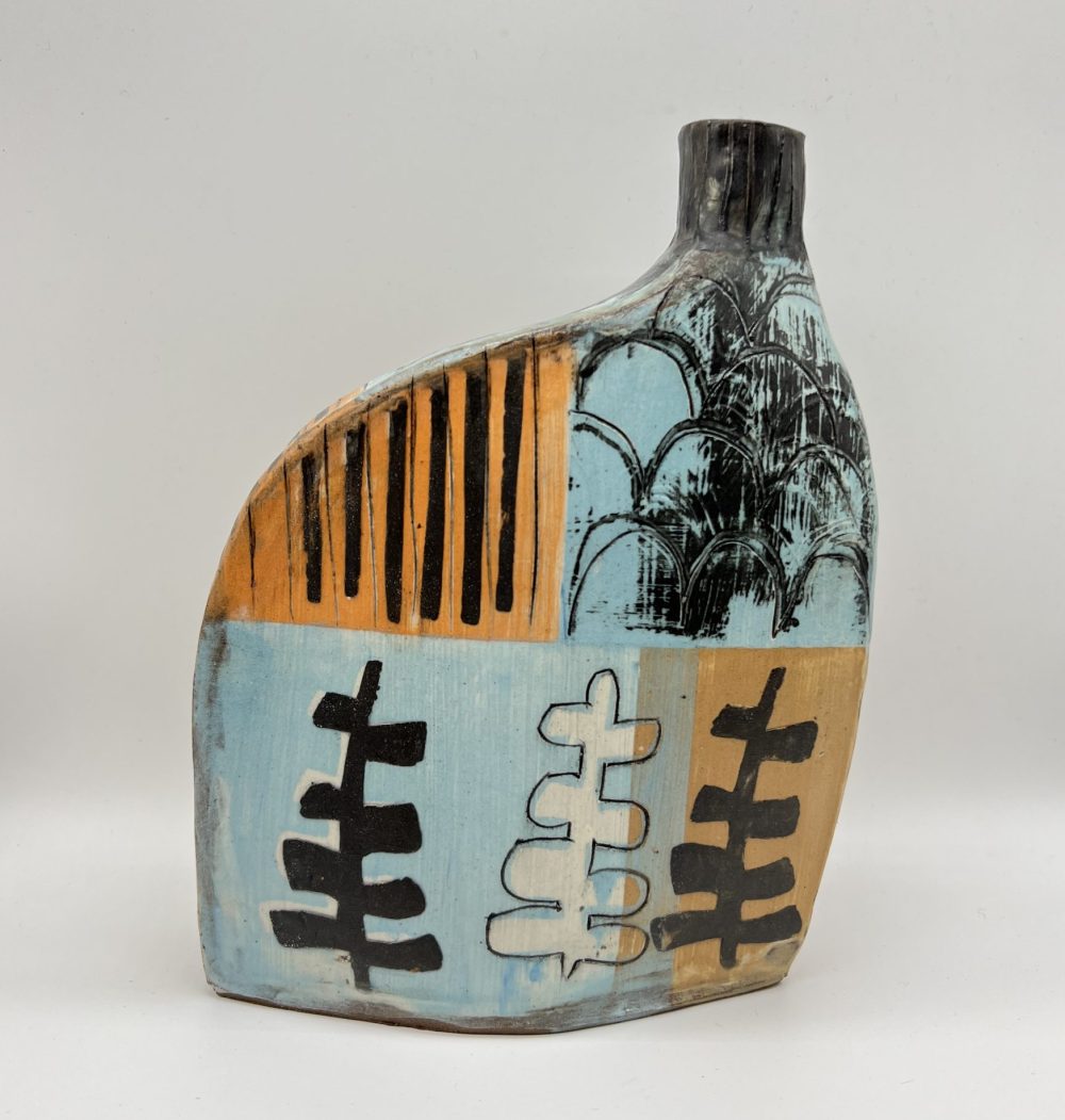 Blue Fern 2, slab-built ceramic bottle by Yvette Glaze.