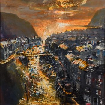 Staithes at Sunset by Mike Bernard RI, mixed media