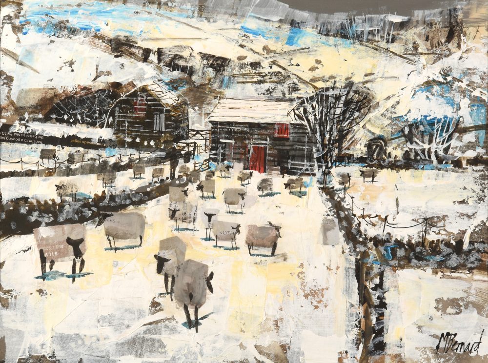 Sheep and Dales Barn by Mike Bernard RI, mixed media