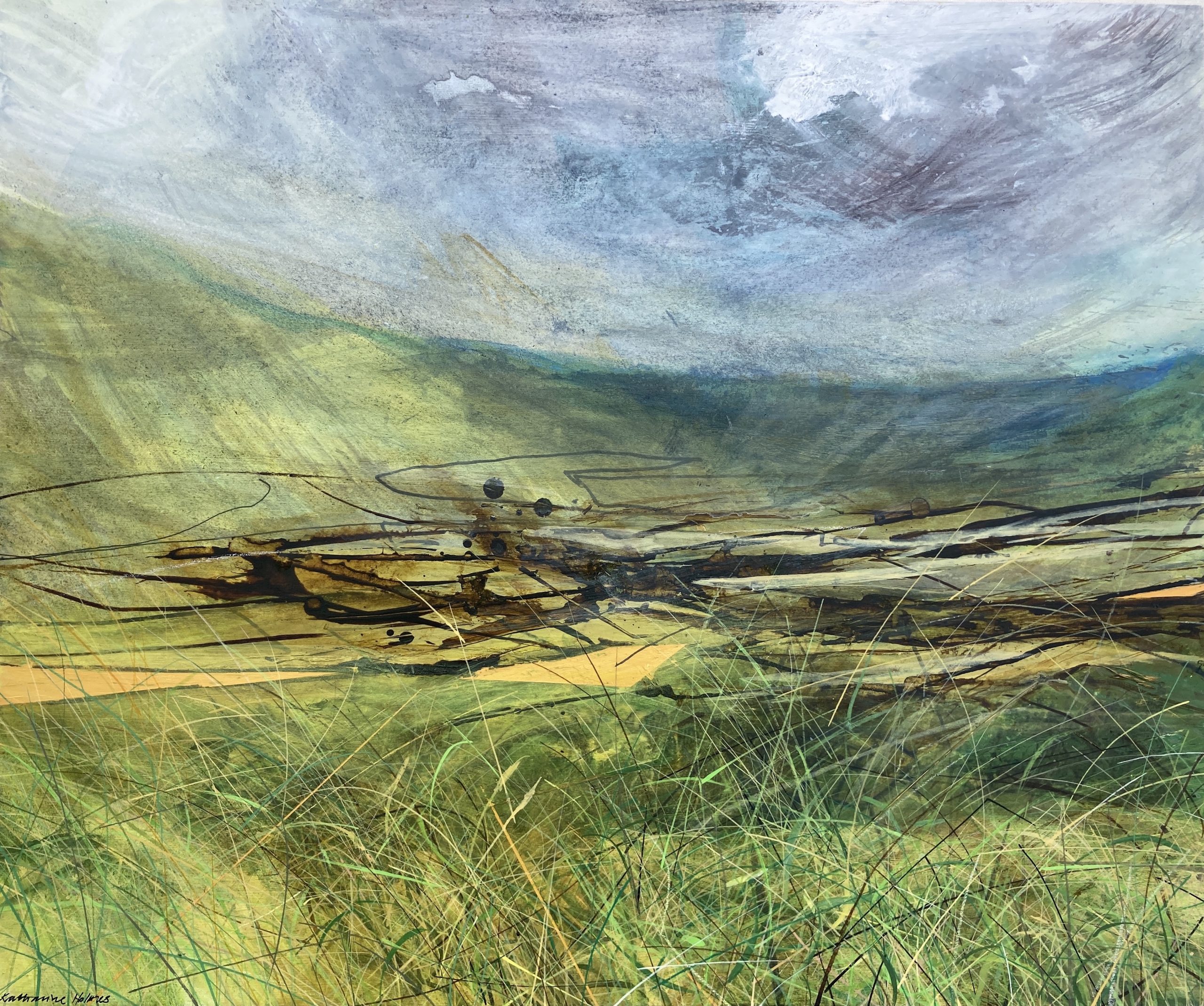 Farmland and Fell, original painting on board by Katharine Holmes