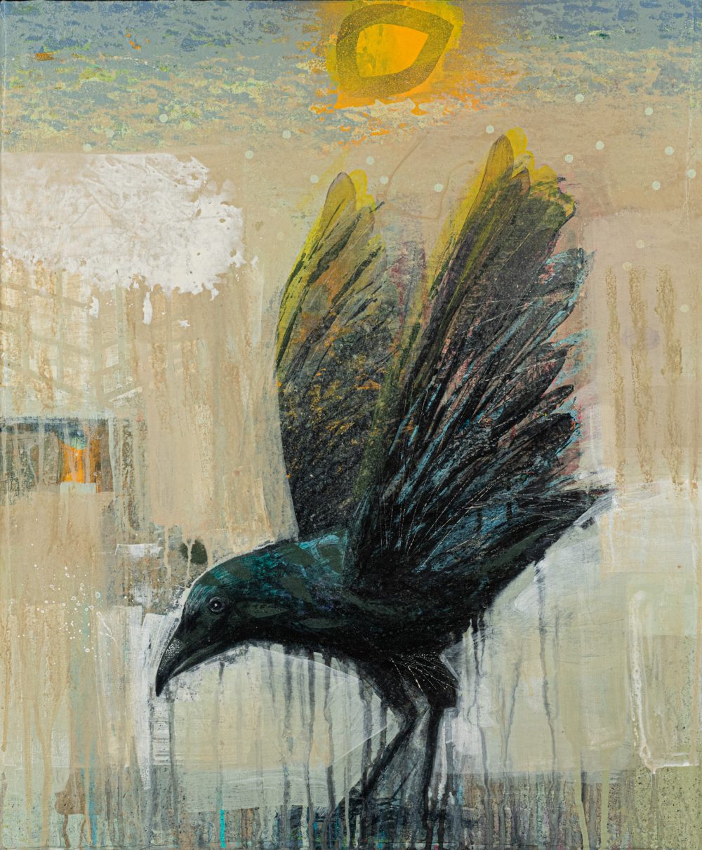 Foggy Day Visitor, mixed media on panel by Tom Wood