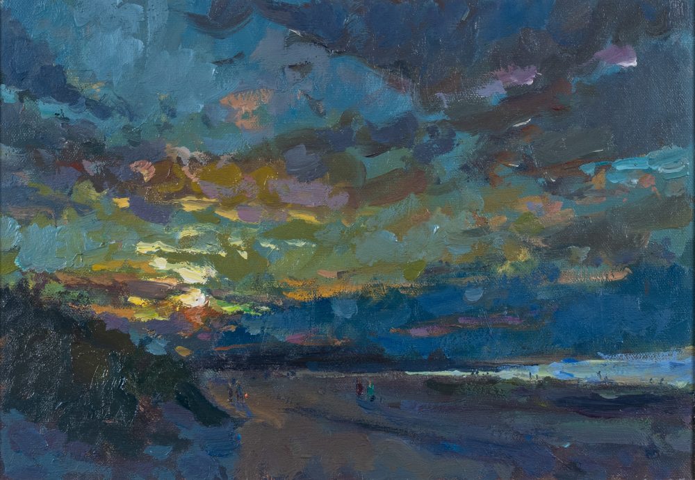 Sunset Bamburgh, original painting by Andrew Farmer ROI