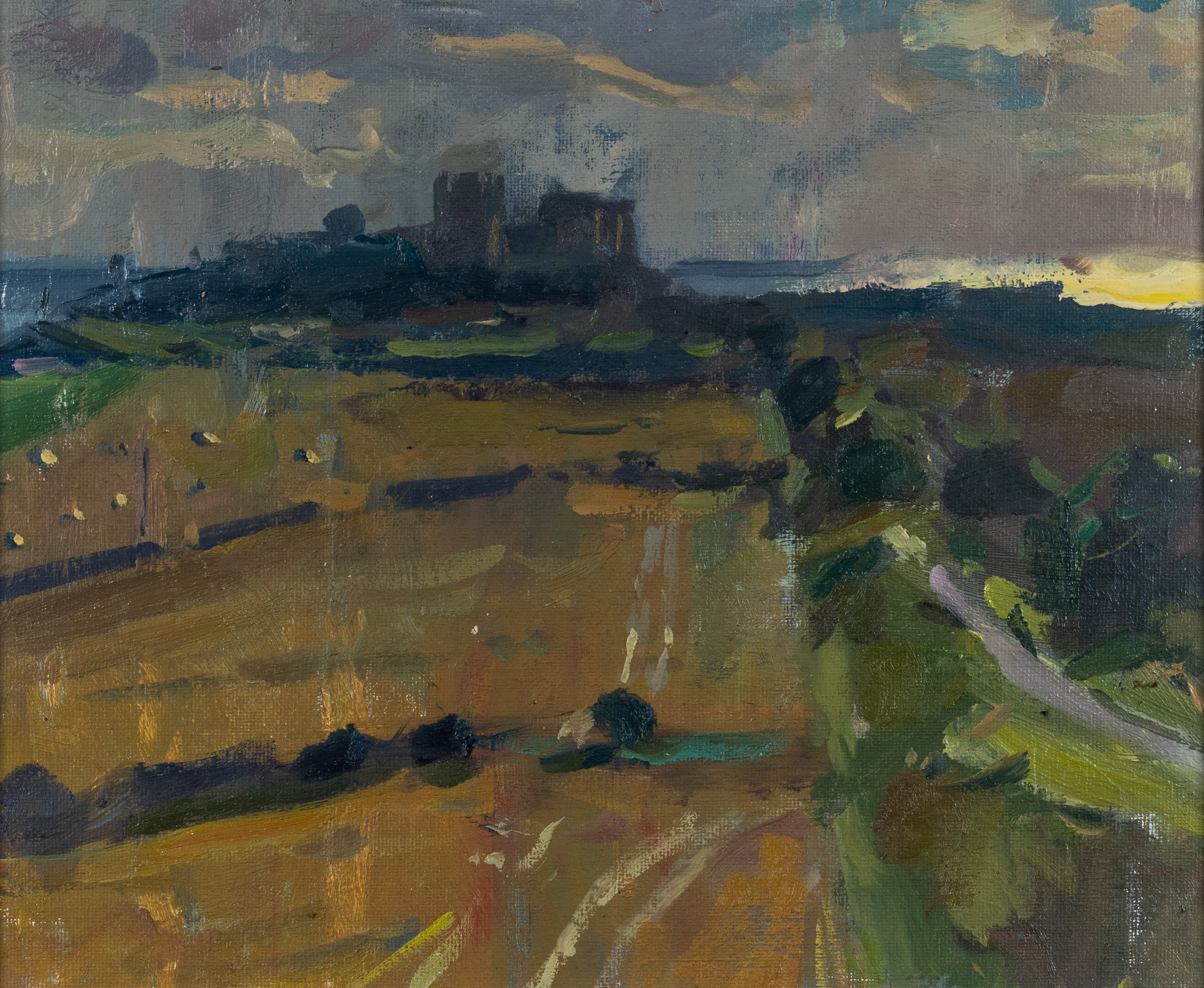 Morning Light, Bamburgh, original painting by Andrew Farmer ROI