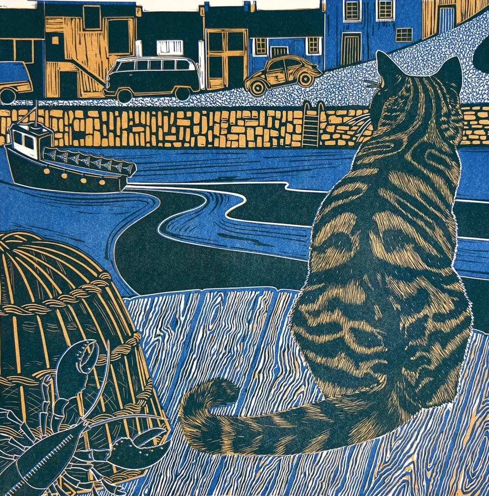 Archie, the Harbour Cat, limited edition linocut print by Babs Pease