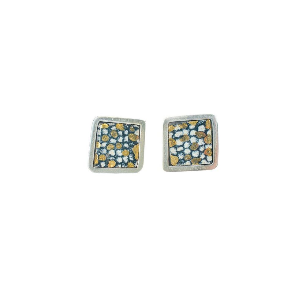 Blue and Gold Square Framed Studs, handmade jewellery by Emily Higham