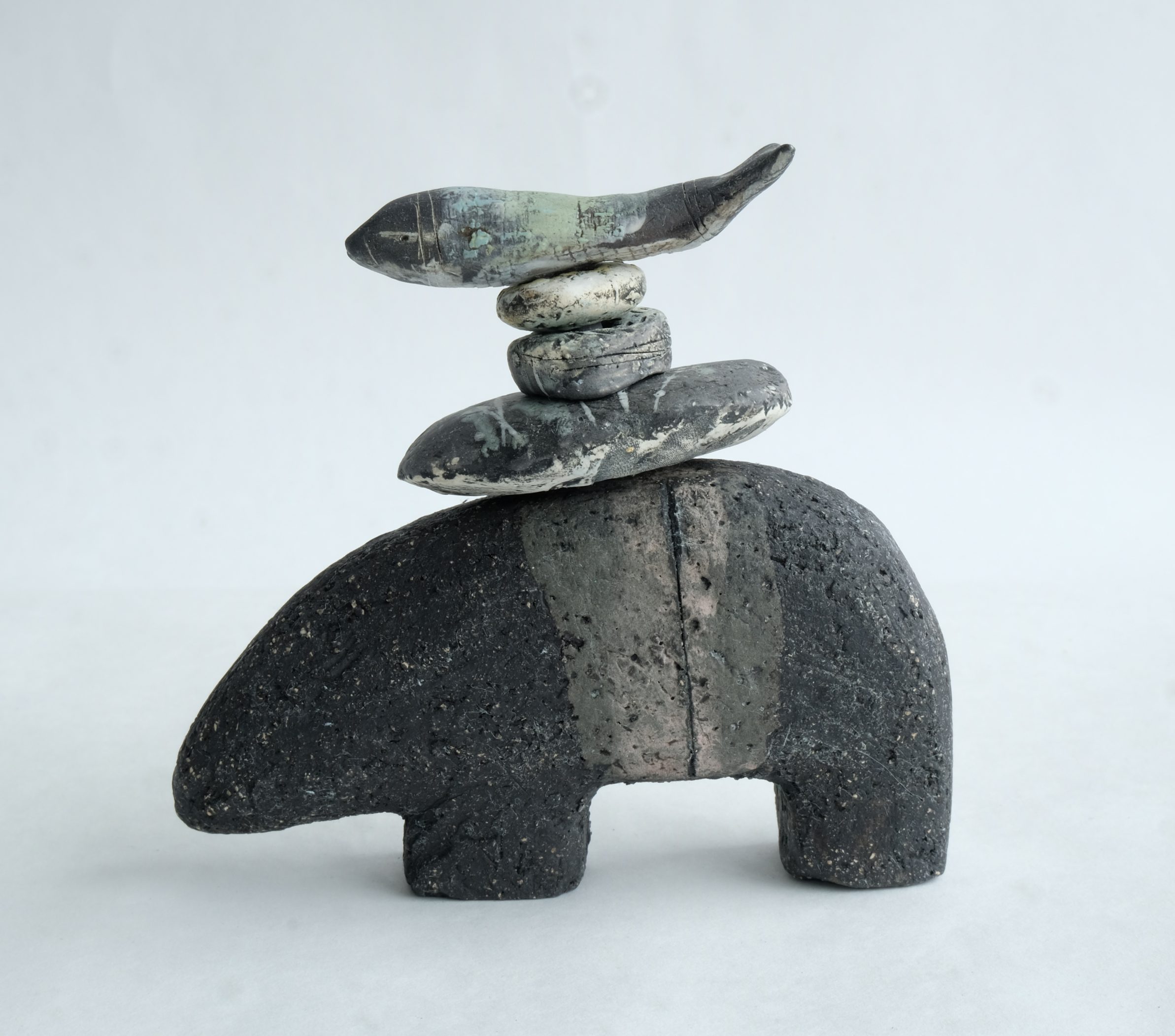 Carrier Beast And Fish, stoneware sculpture by Shirley Vauvelle